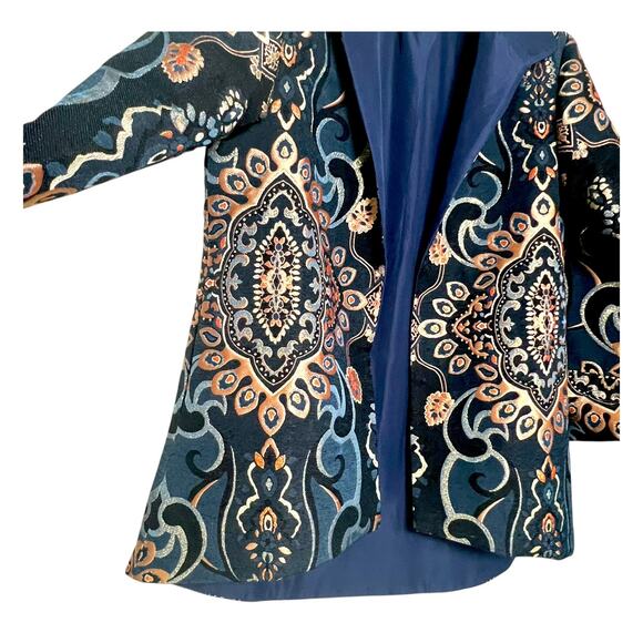 Grace Chuang Jacket Size S Blue Embroidered Tapestry Pattern Open Front Elegant - Picture 3 of 7